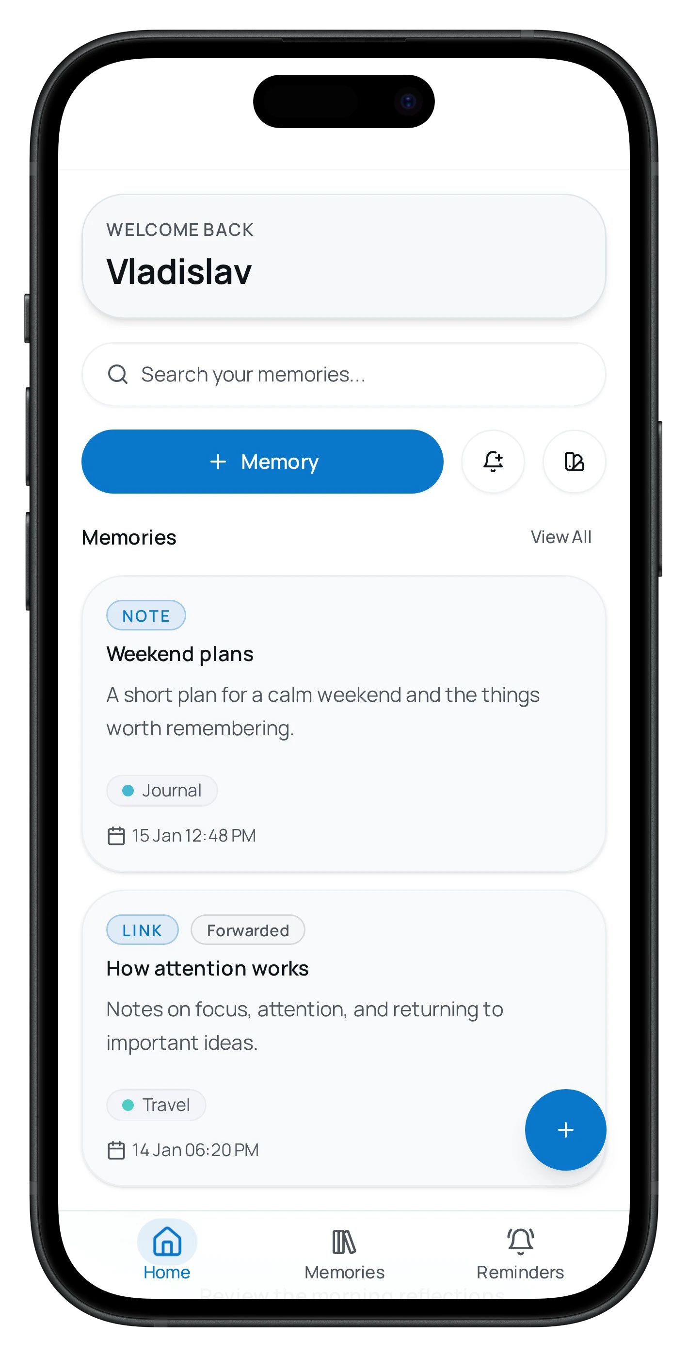 Memora dashboard screen with recent archive activity