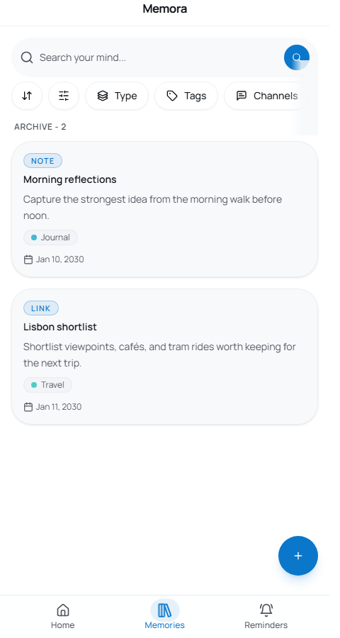 Экран Mini App Memora с аккуратным архивом
